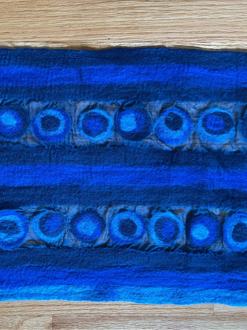 Handmade Blue Nuno Felted Wool Scarf with Circular Motif
